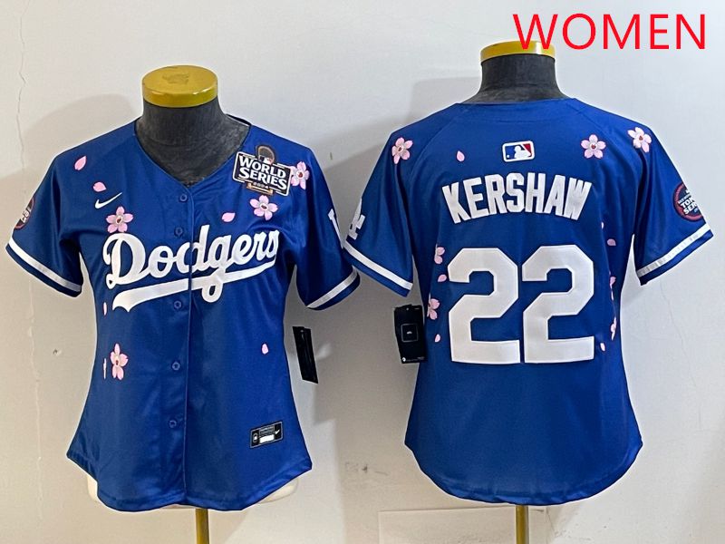 Women Los Angeles Dodgers 22 Kershaw Blue White Blue Sakura Edition 2025 Nike MLB Jersey style 6